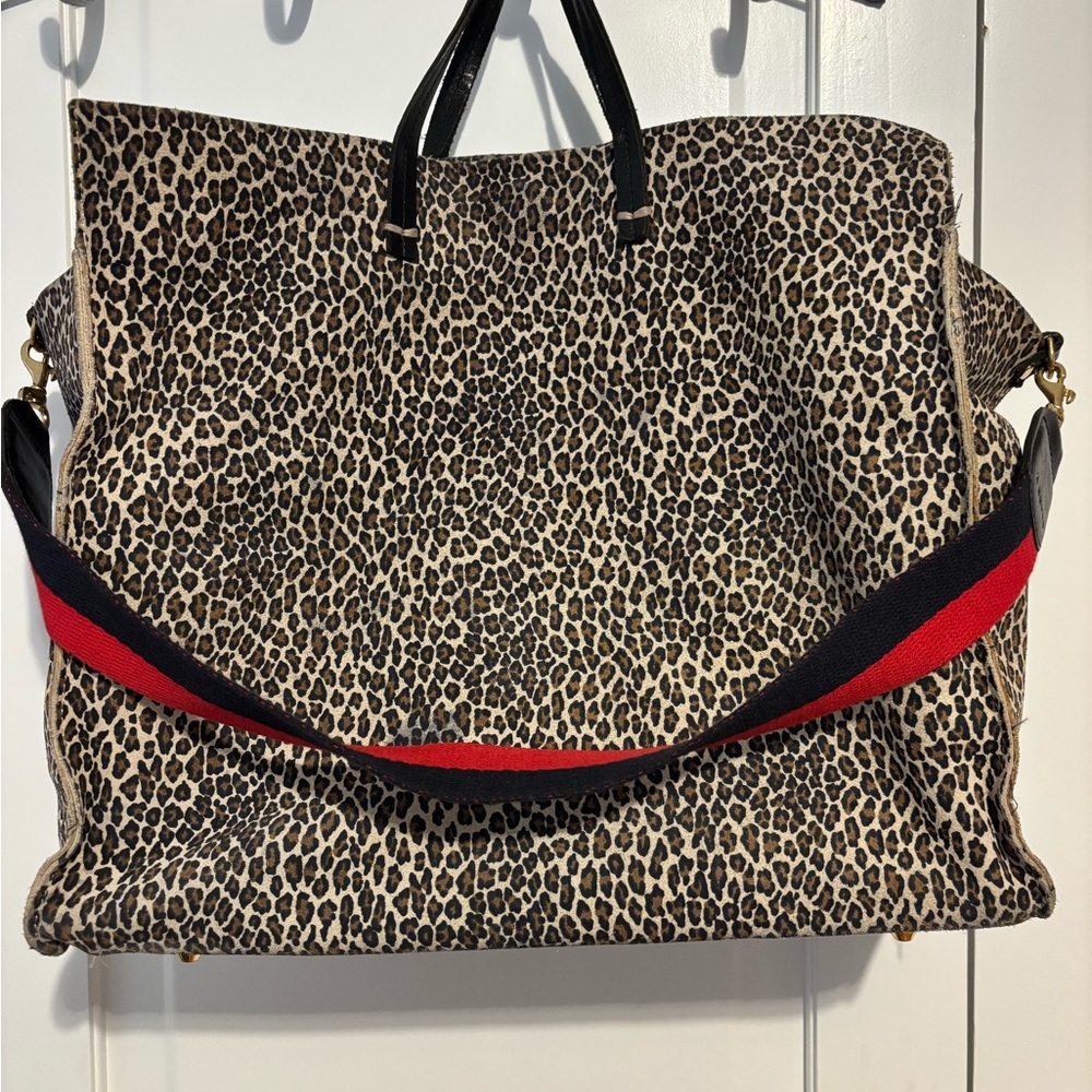 Clare V Simple Tote Mini Cat Leopard Suede Bag with Navy and Red Strap